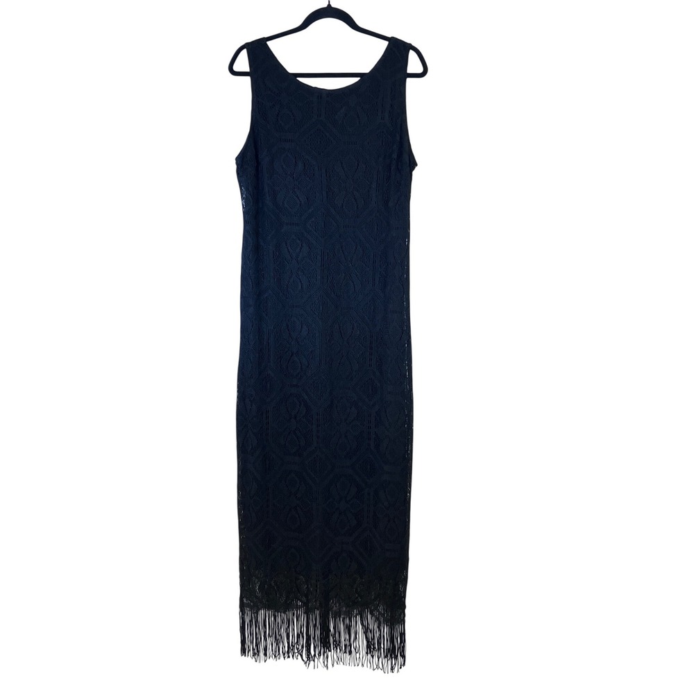 Mlle Gabrielle Black Lace Fringe Maxi Dress Sleeveless V-Neck Sz 14 Boho Gatsby